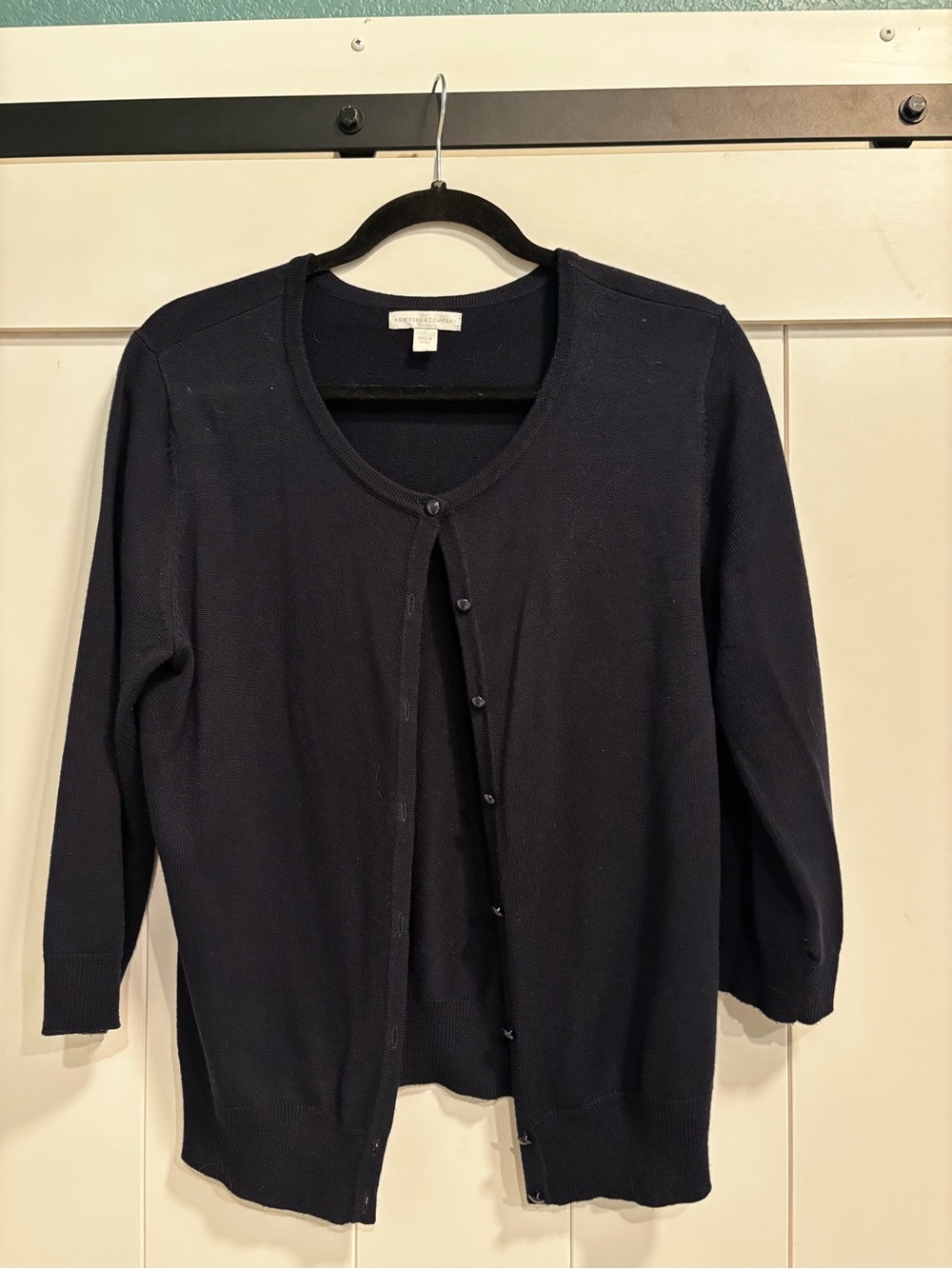 New York & Company Navy Button-Front Crewneck Cardigan